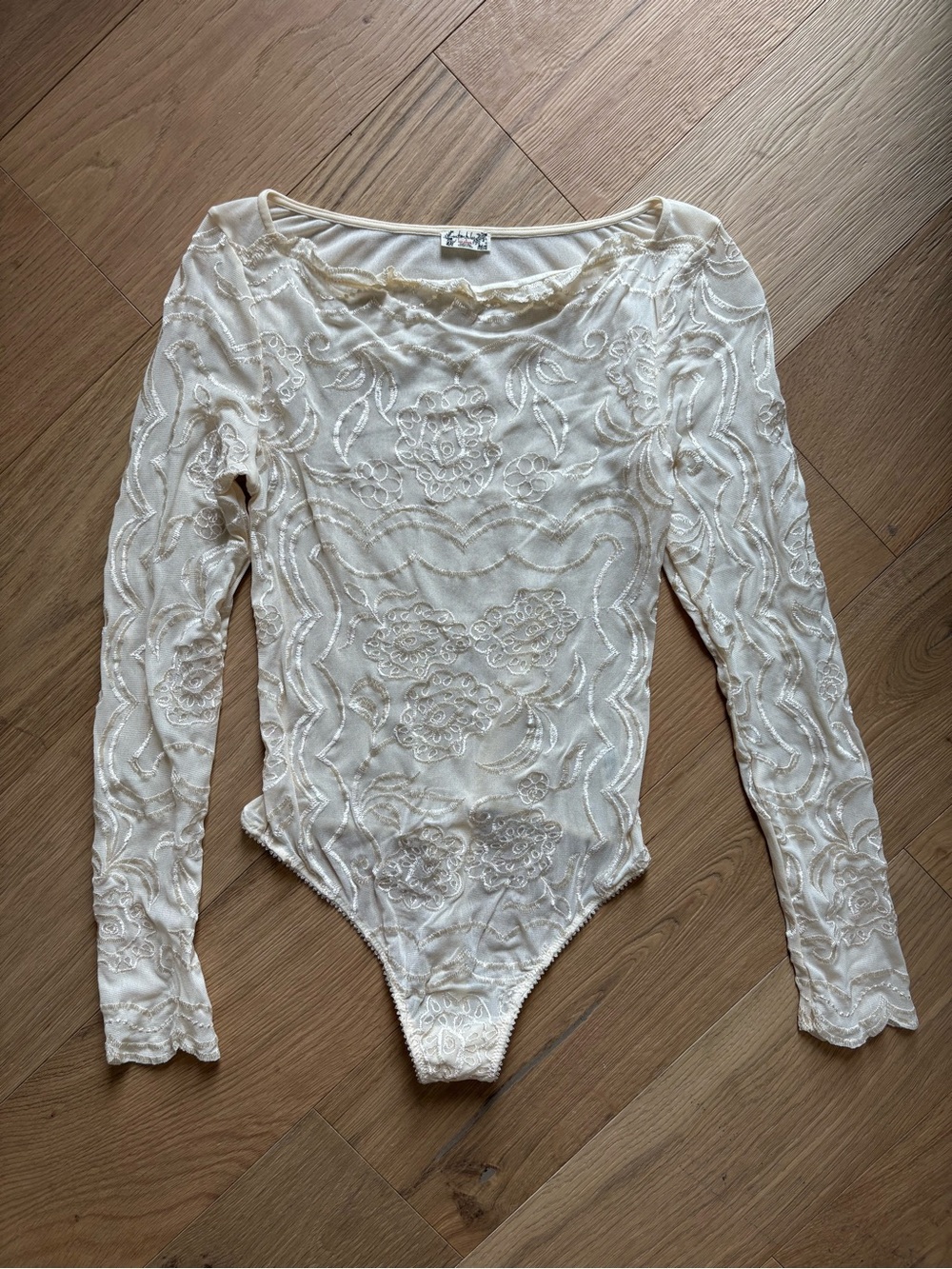 Free People Ivory Sheer Lace Long-Sleeve Bodysuit